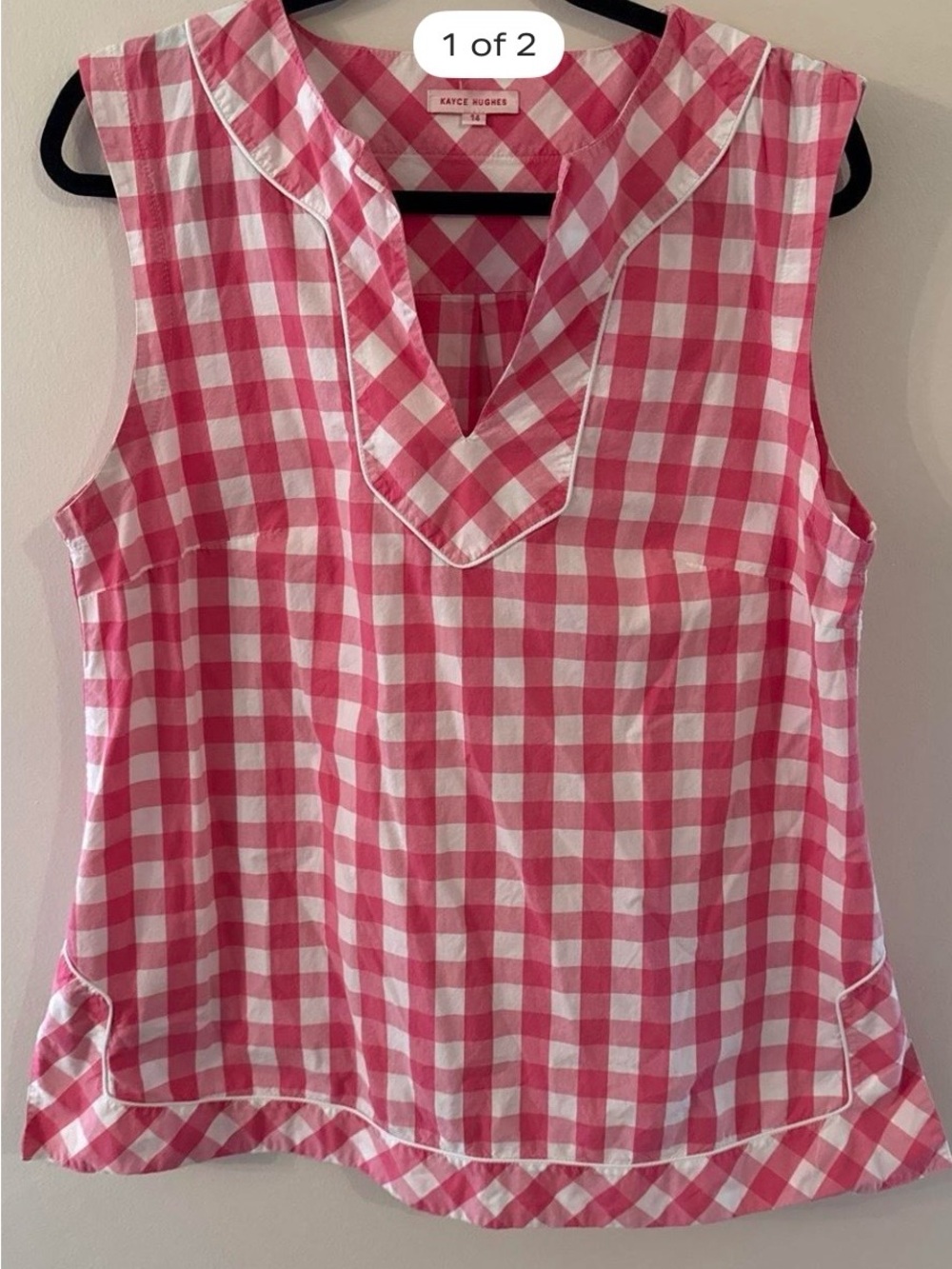 Kaye Hughes Pink Gingham Sleeveless V-Neck Blouse